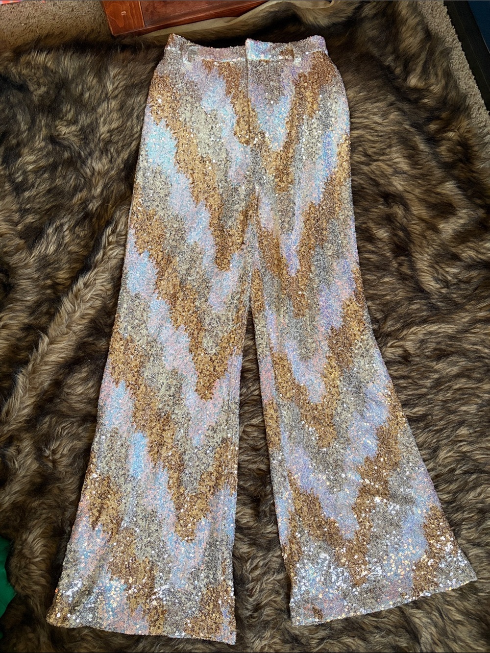 12th Tribe Sequin Flare Pants Gold Holographic Galaxy Festival Size Small